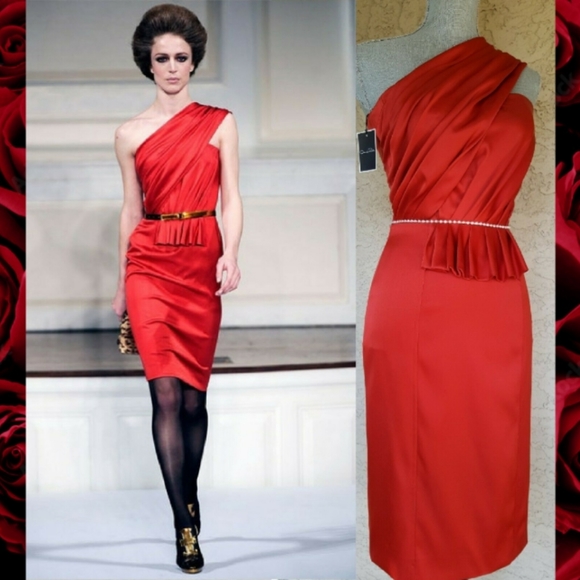 *$4,000 OSCAR DE LA RENTA STUNNING RED PEPLUM RUNWAY SILK DRESS US 10 - Picture 2 of 10